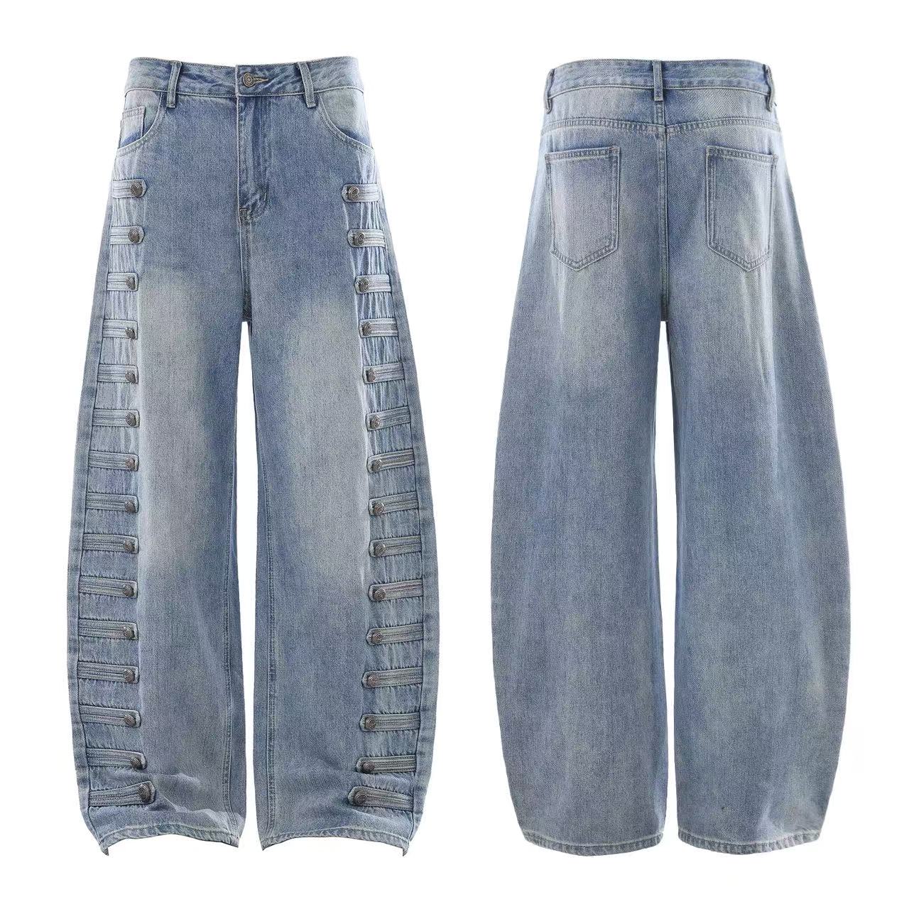 Light-Wash Side Multi-Strap Baggy Jeans