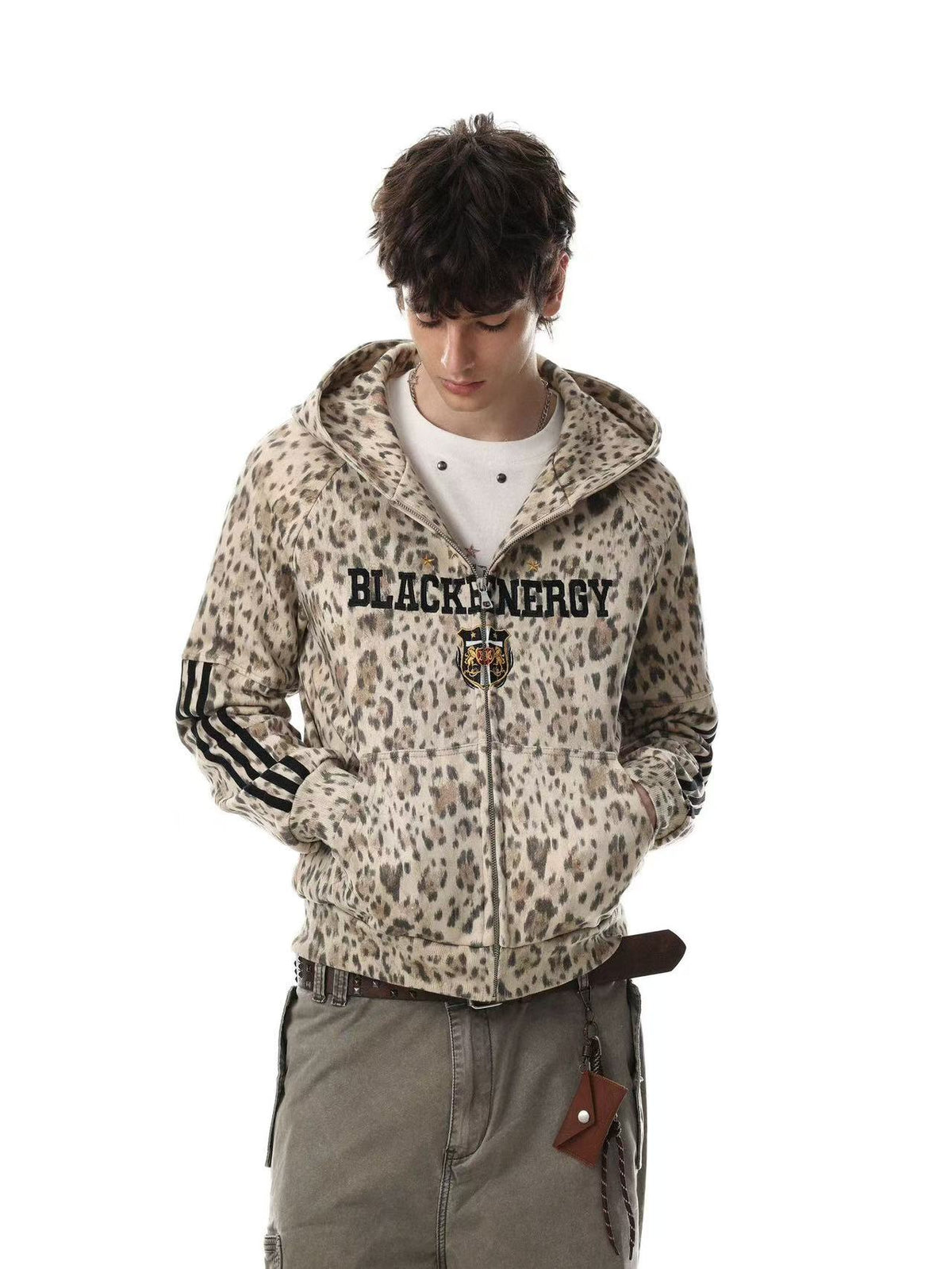 Leopard Print 3-Striped Zip-Up Hoodie