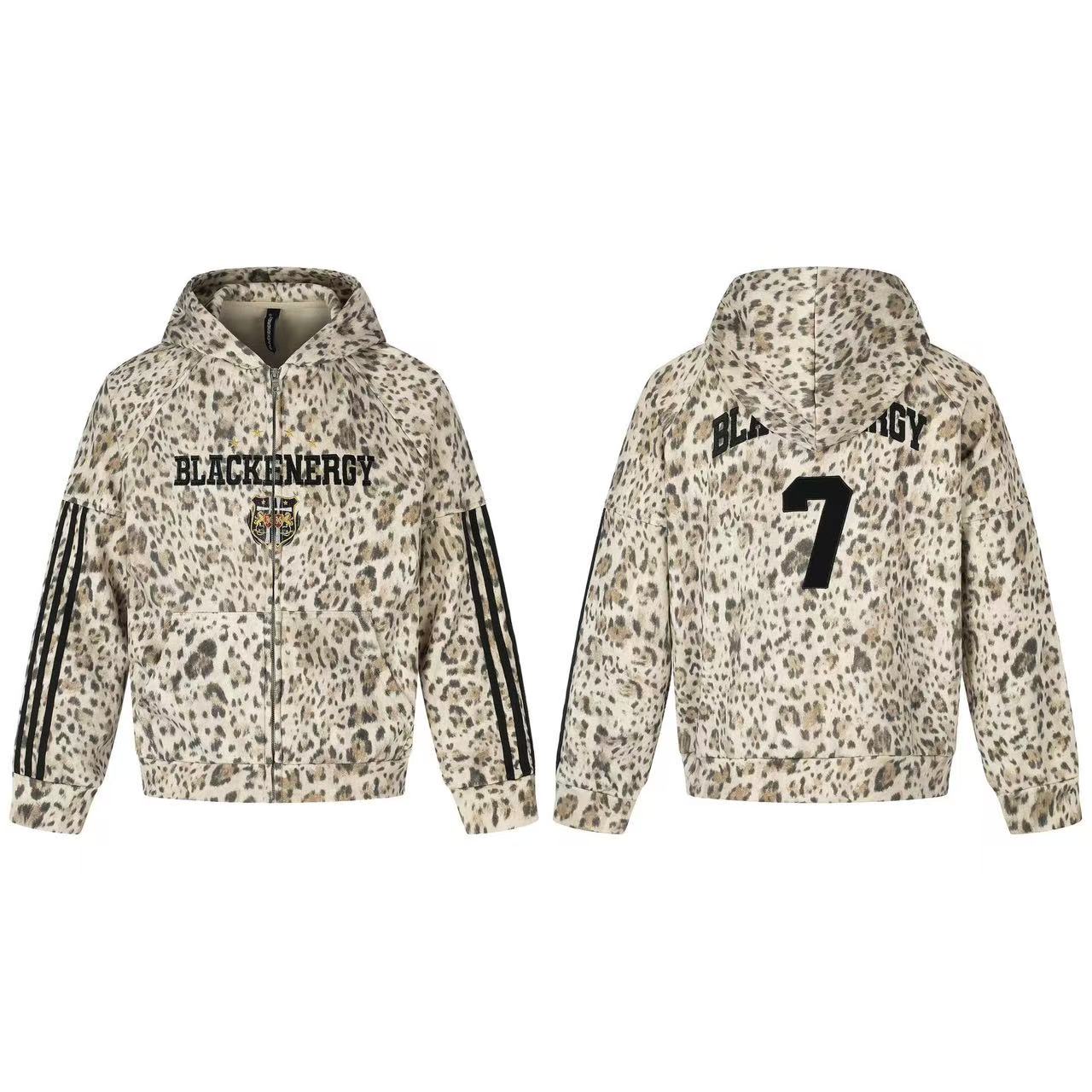 Leopard Print 3-Striped Zip-Up Hoodie
