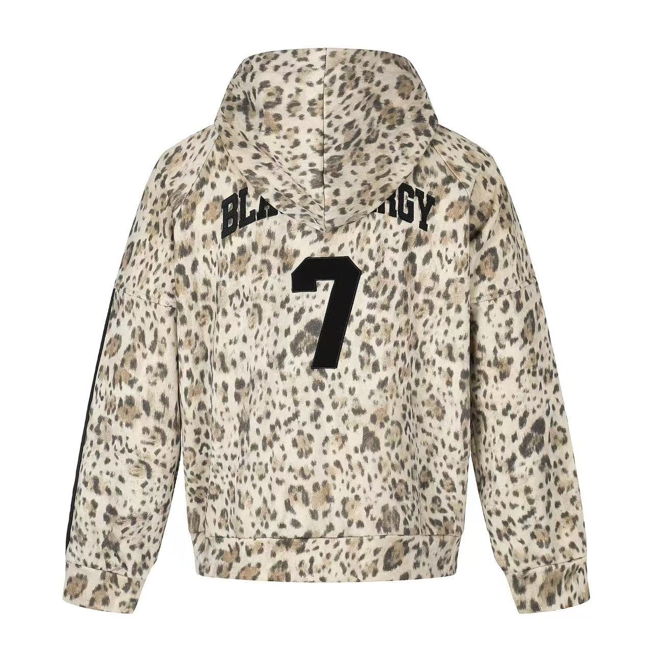 Leopard Print 3-Striped Zip-Up Hoodie