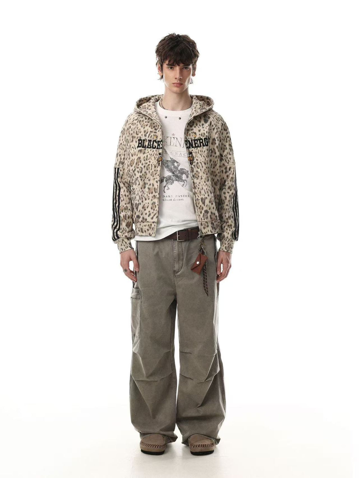 Leopard Print 3-Striped Zip-Up Hoodie