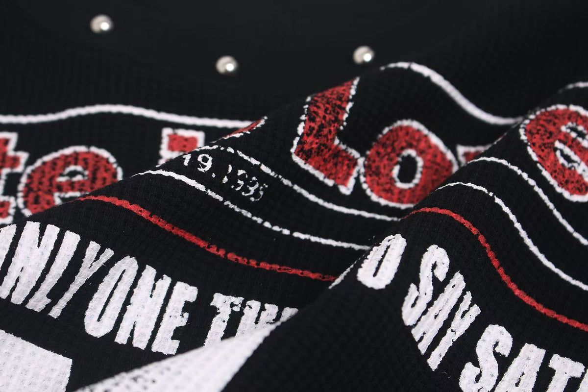 Streetwear Letter Print Waffle Knit Long Sleeve