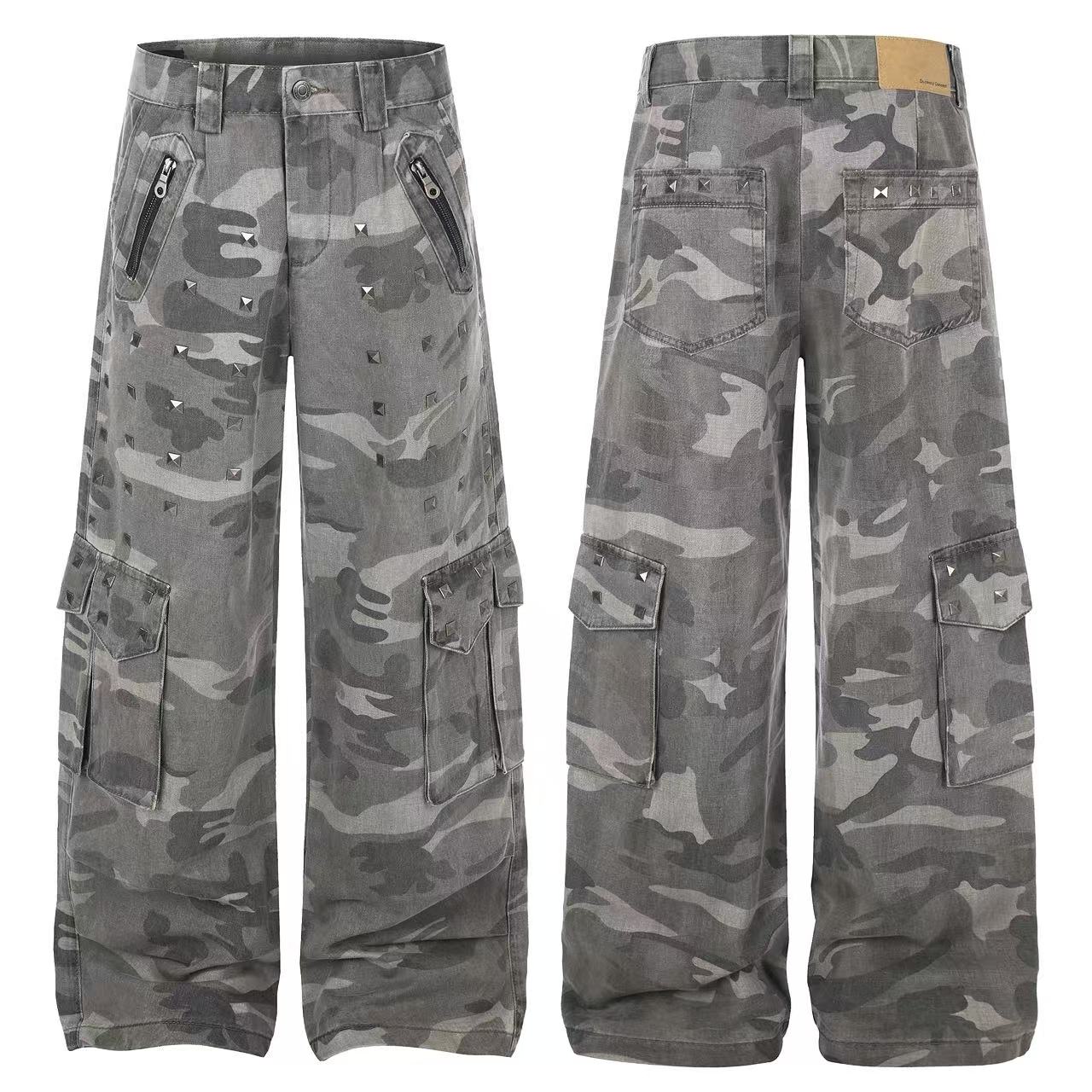 Studded Camo Wide-Leg Cargo Pants