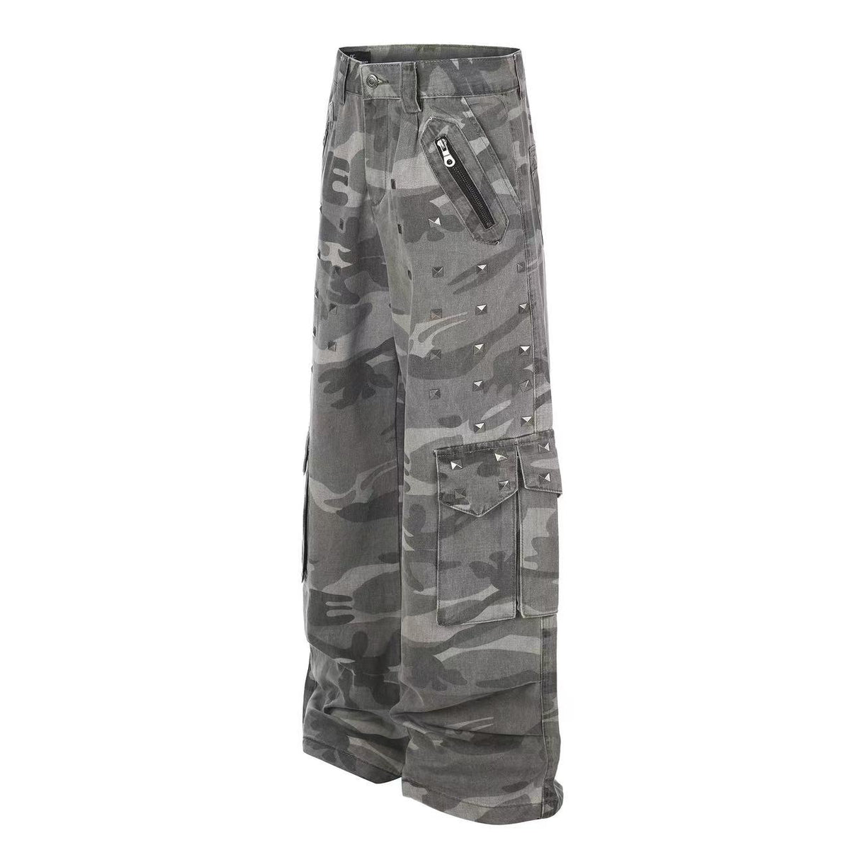 Studded Camo Wide-Leg Cargo Pants