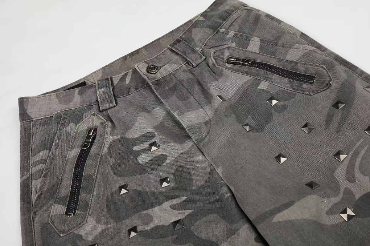 Studded Camo Wide-Leg Cargo Pants