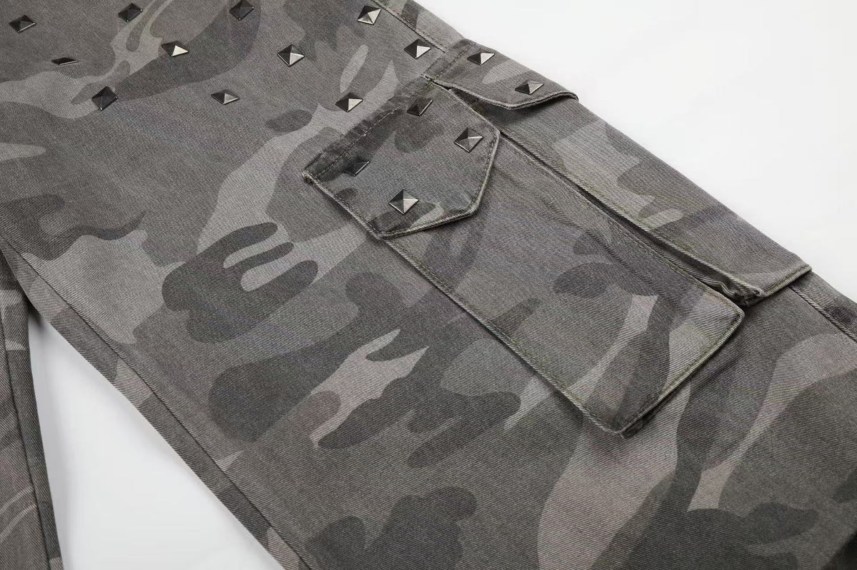 Studded Camo Wide-Leg Cargo Pants