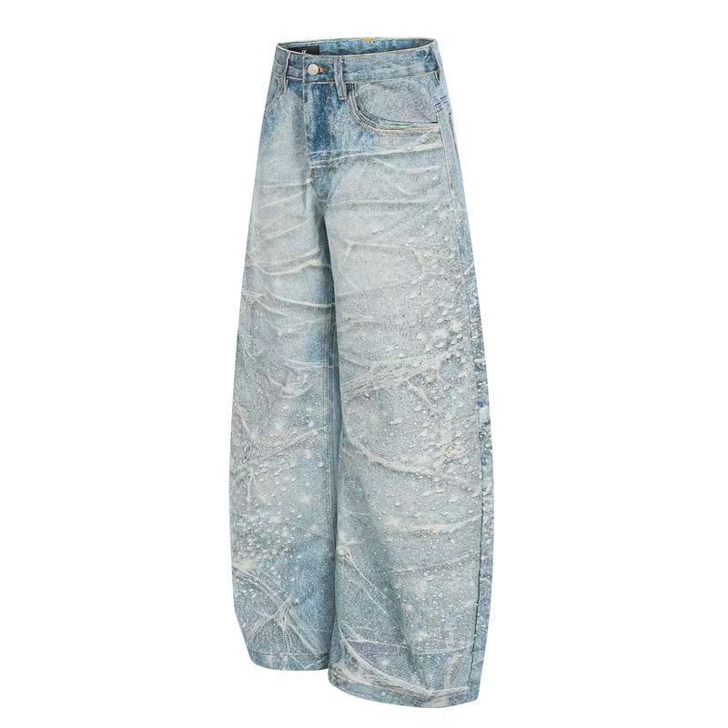 Textured Crackle Wash Rhinestone Baggy Jeans