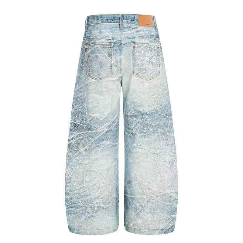Textured Crackle Wash Rhinestone Baggy Jeans
