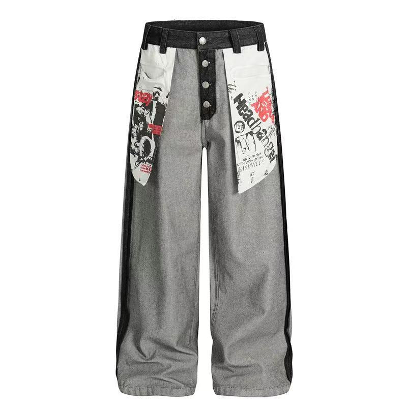 Deconstructed Reverse Wear Graphic Patch Wide-Leg Jeans