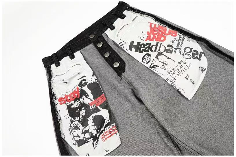 Deconstructed Reverse Wear Graphic Patch Wide-Leg Jeans