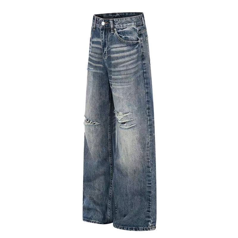 Distressed Ripped Whisker Wash Wide-Leg Jeans