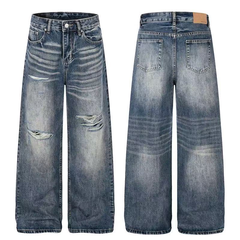 Distressed Ripped Whisker Wash Wide-Leg Jeans
