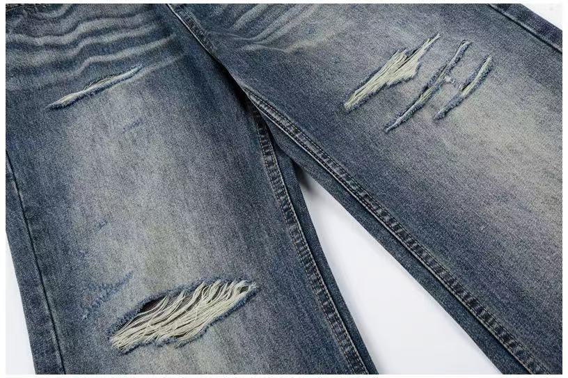 Distressed Ripped Whisker Wash Wide-Leg Jeans