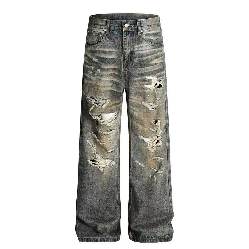 Heavy Destroyed Distressed Mud Wash Wide-Leg Jeans