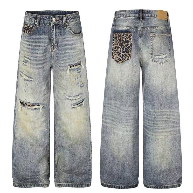 Leopard Patch Distressed Ripped Wash Wide-Leg Jeans