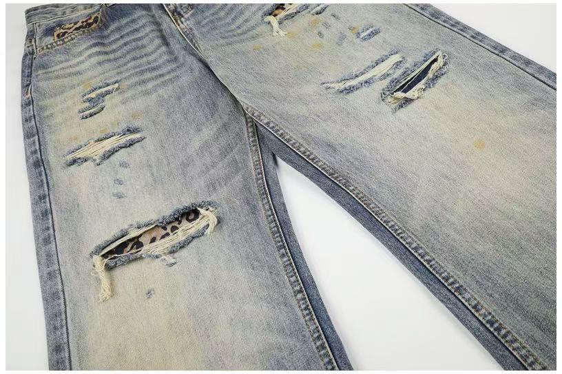 Leopard Patch Distressed Ripped Wash Wide-Leg Jeans