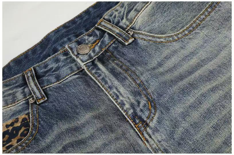 Leopard Patch Distressed Ripped Wash Wide-Leg Jeans