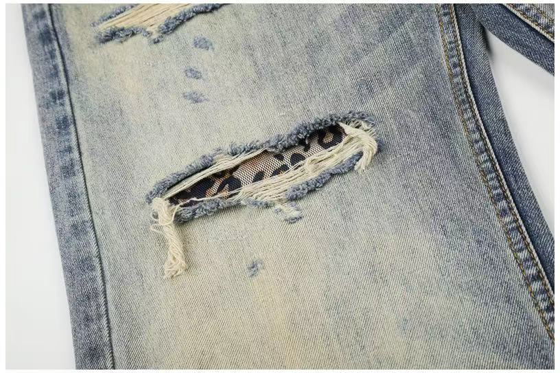 Leopard Patch Distressed Ripped Wash Wide-Leg Jeans