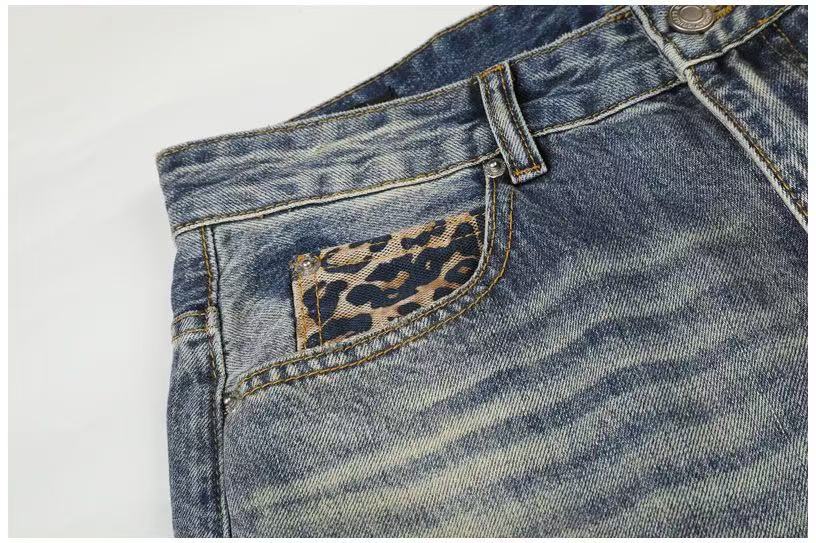 Leopard Patch Distressed Ripped Wash Wide-Leg Jeans