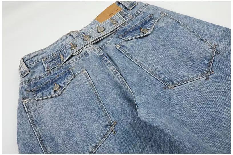 Multi-Button Layered Waist Acid Wash Wide-Leg Jeans