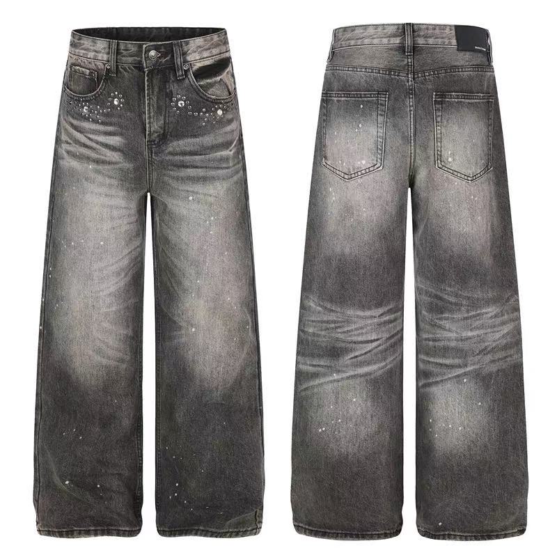 Smoky Grey Rhinestone Splatter Wash Wide-Leg Jeans