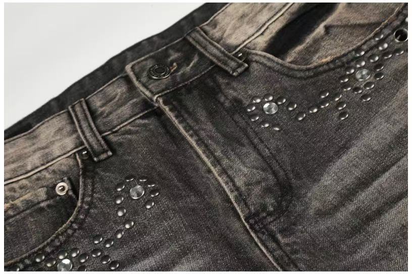 Smoky Grey Rhinestone Splatter Wash Wide-Leg Jeans