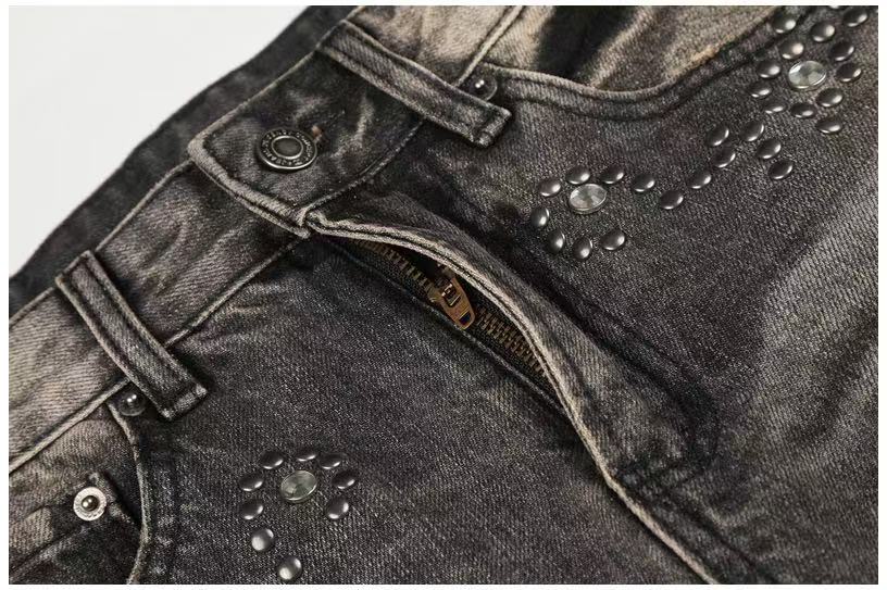 Smoky Grey Rhinestone Splatter Wash Wide-Leg Jeans