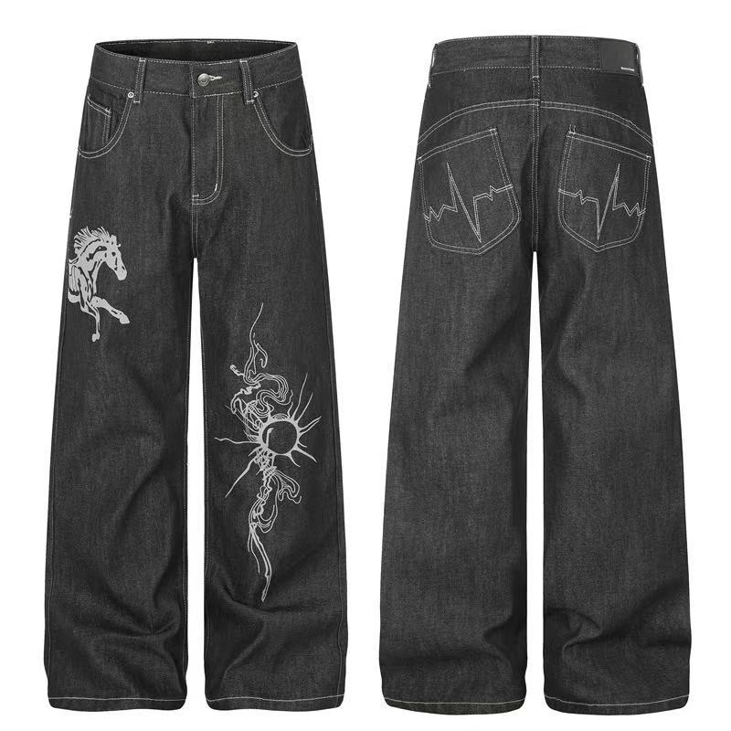 Black Raw Denim Horse & Sun Graphic Print Wide-Leg Jeans