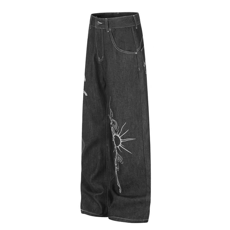Black Raw Denim Horse & Sun Graphic Print Wide-Leg Jeans