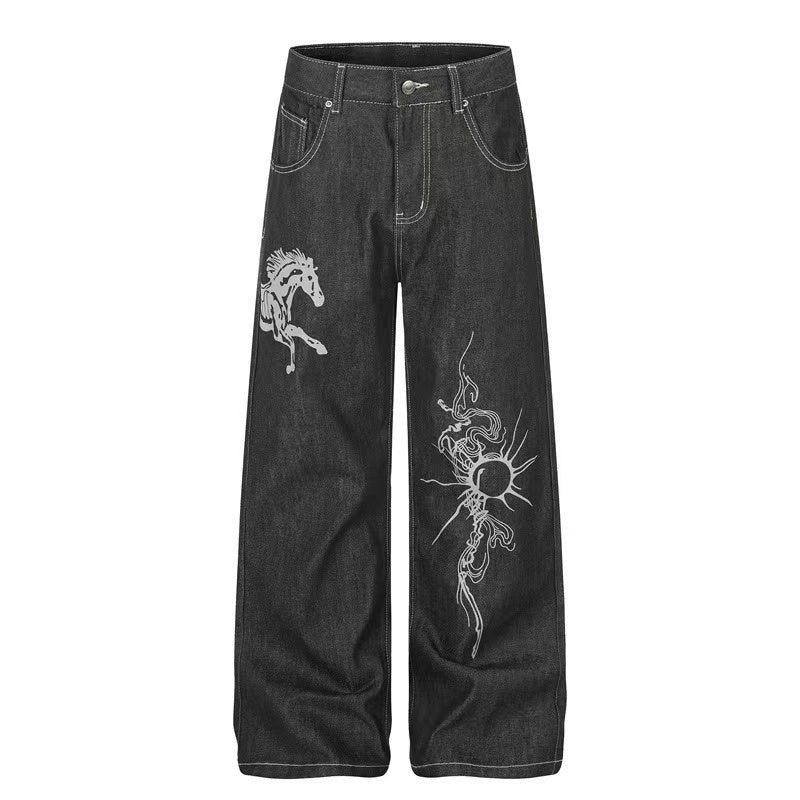 Black Raw Denim Horse & Sun Graphic Print Wide-Leg Jeans