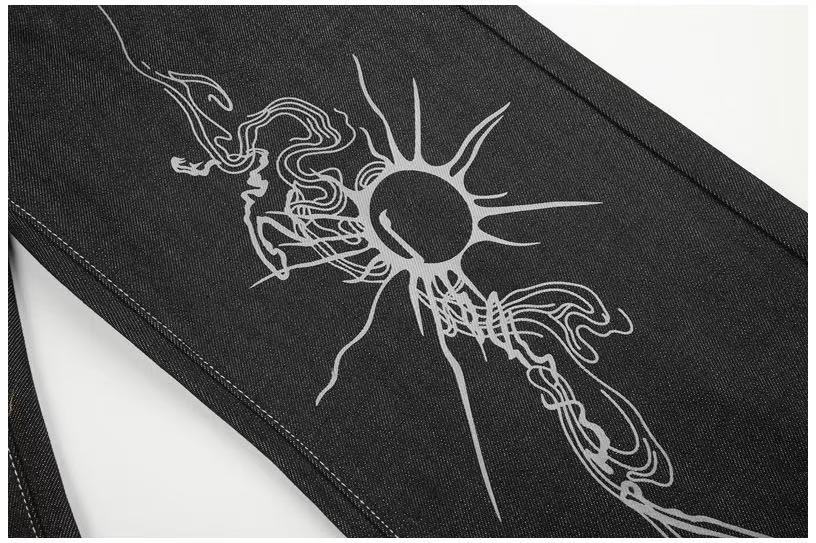 Black Raw Denim Horse & Sun Graphic Print Wide-Leg Jeans