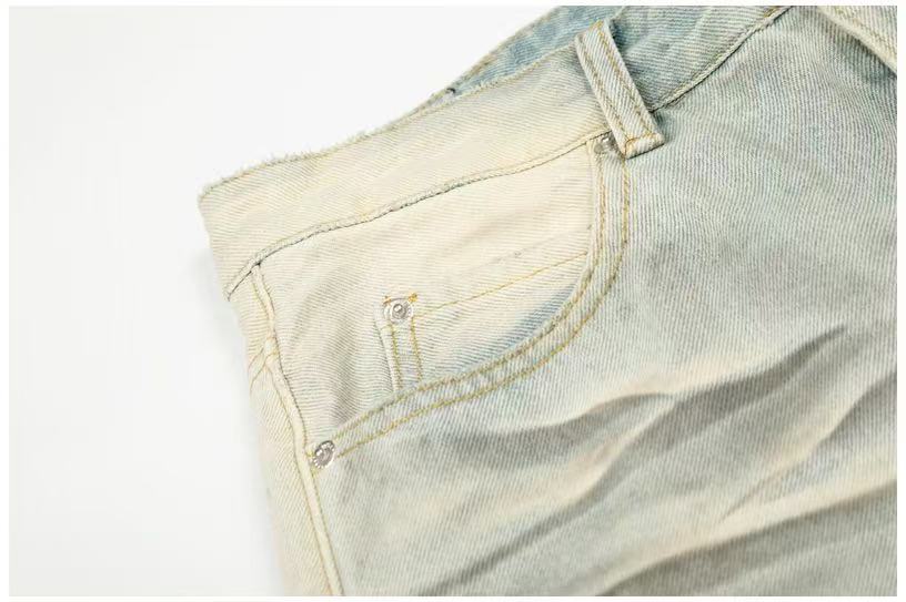Dirty Yellow Pleated Whisker Wash Wide-Leg Jeans