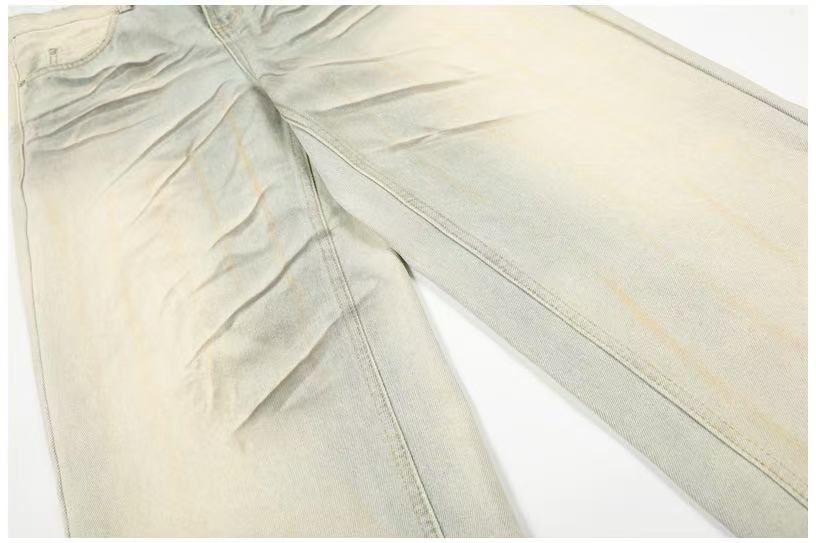 Dirty Yellow Pleated Whisker Wash Wide-Leg Jeans