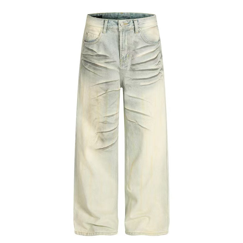 Dirty Yellow Pleated Whisker Wash Wide-Leg Jeans