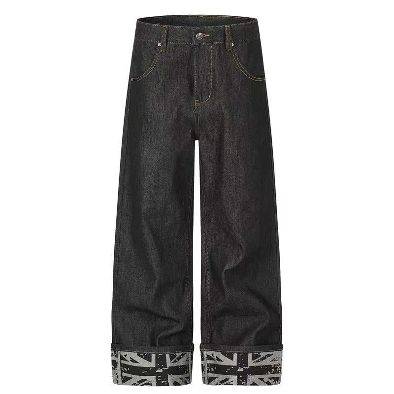 Studded Back Pocket Union Jack Cuff RawBlack Wide-Leg Jeans