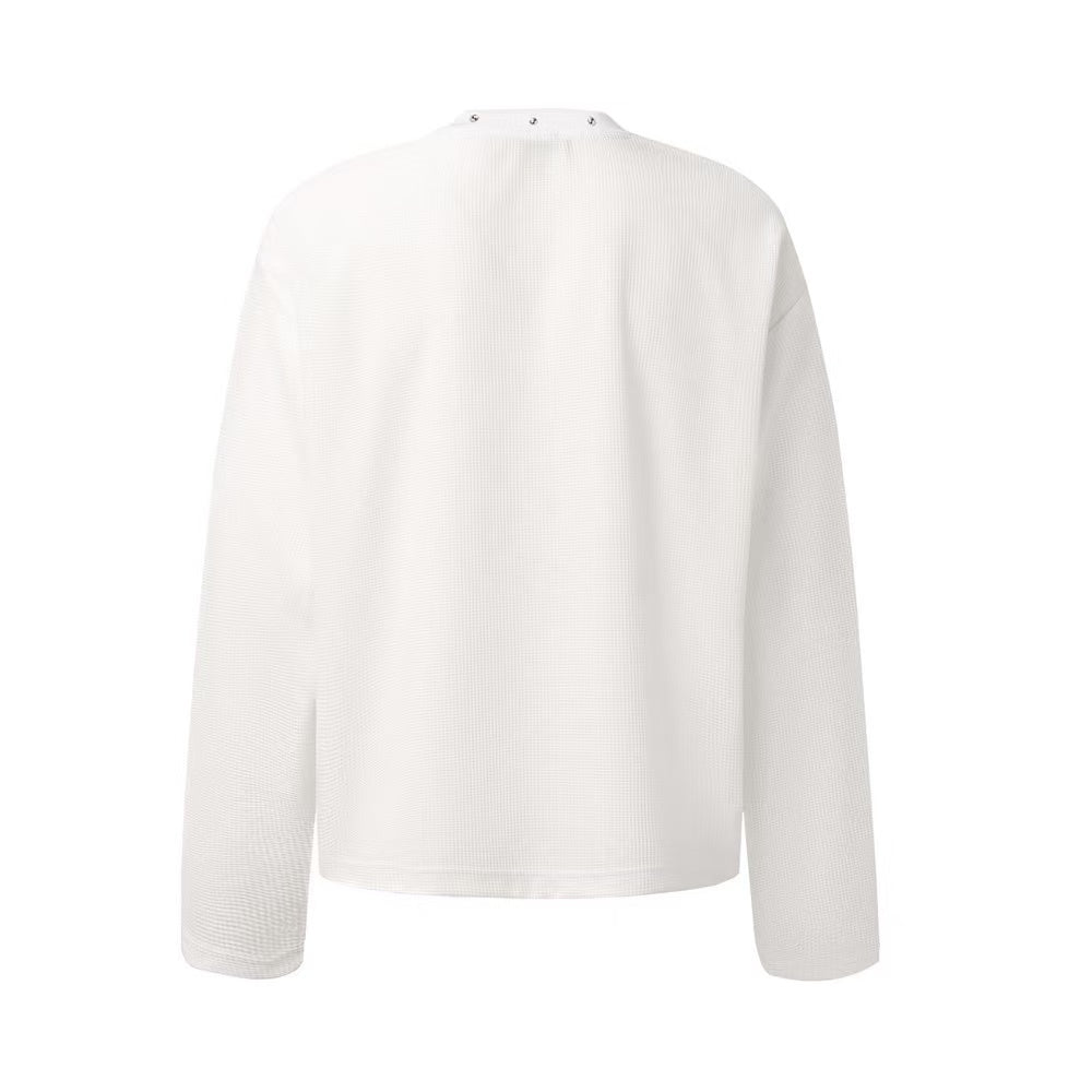 Studded Collar Cross Print Waffle Knit Long Sleeve