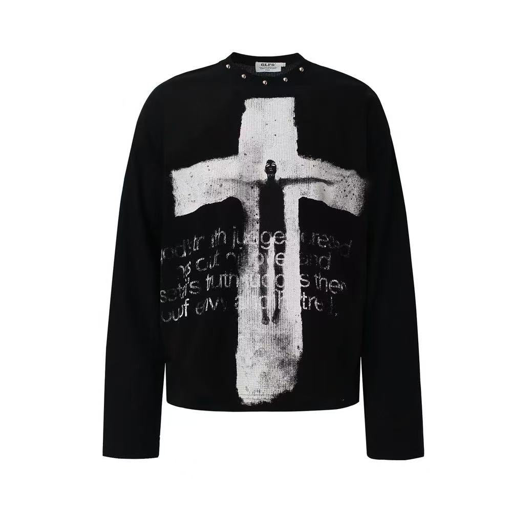 Studded Collar Cross Print Waffle Knit Long Sleeve