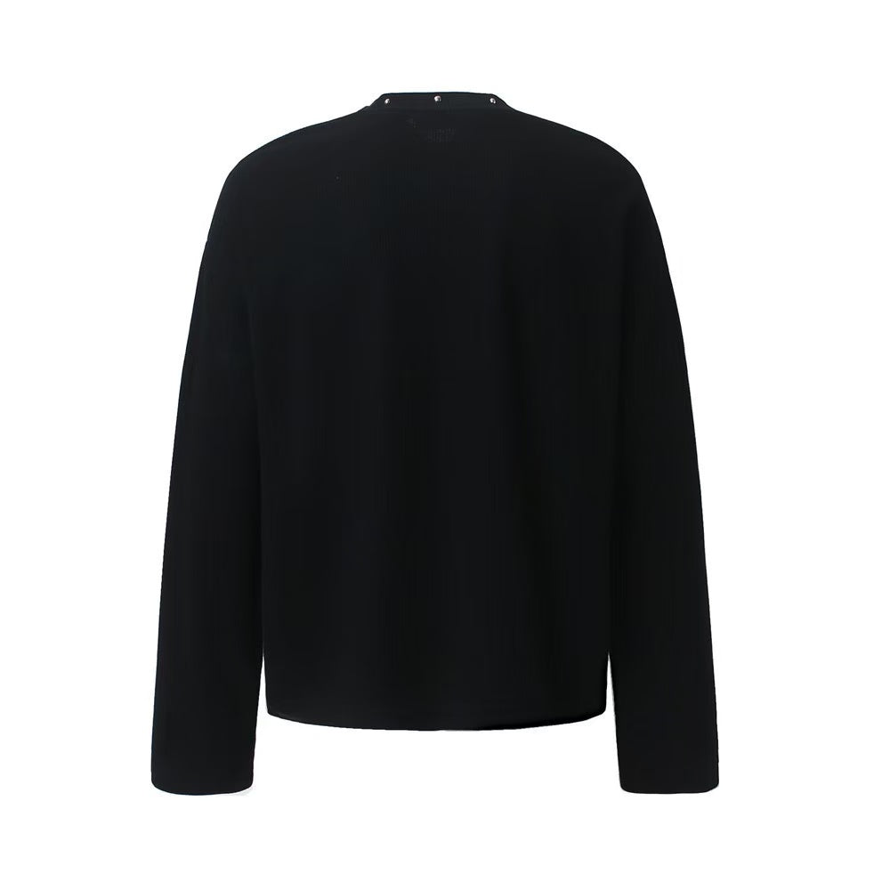 Studded Collar Cross Print Waffle Knit Long Sleeve