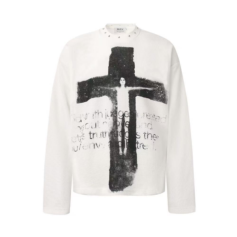Studded Collar Cross Print Waffle Knit Long Sleeve