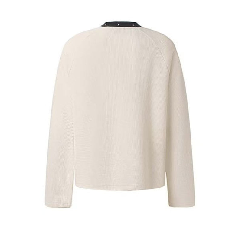 Denim Star Patch Stud Collar Waffle Knit Long Sleeve