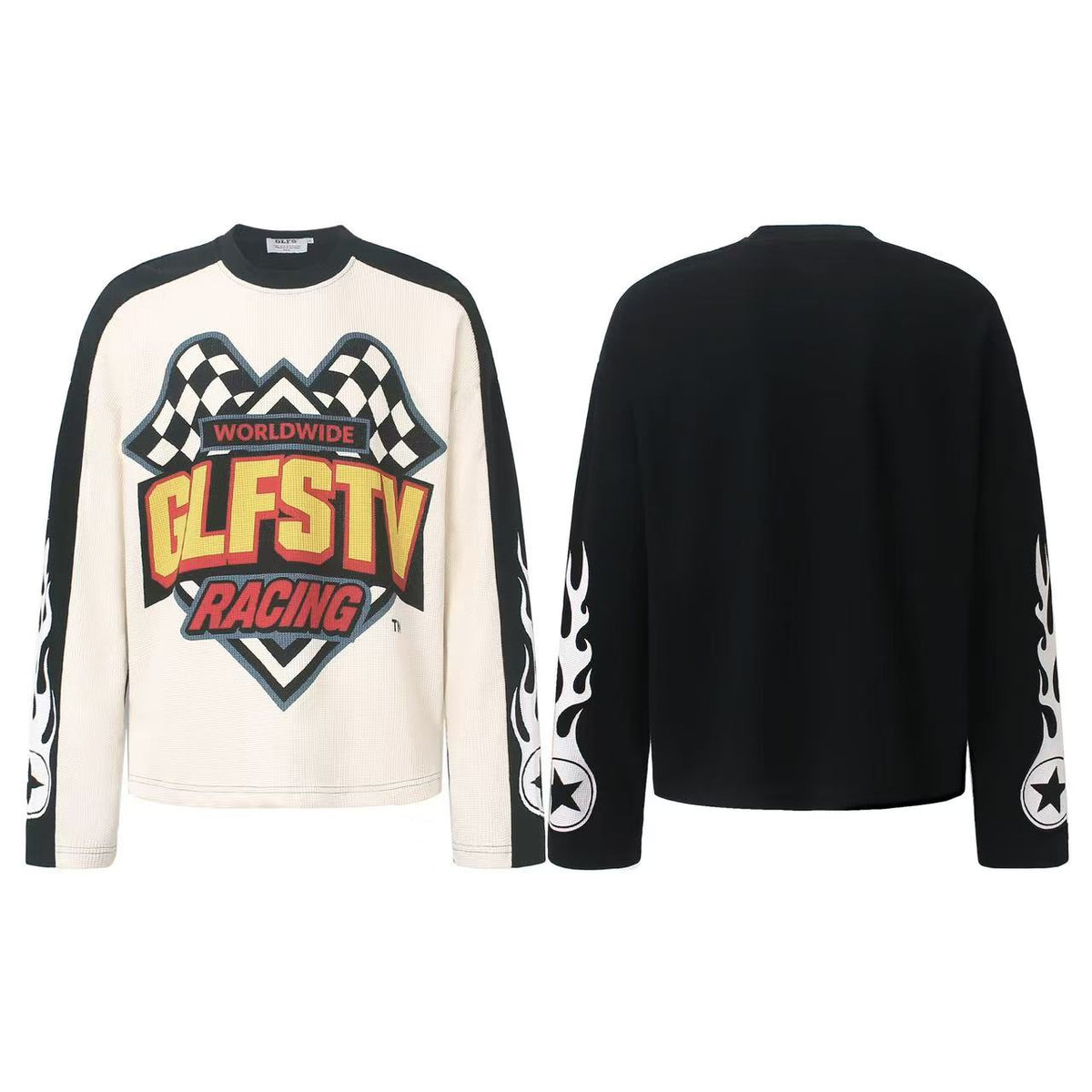 Racing Graphic Contrast Color Waffle Knit Long Sleeve