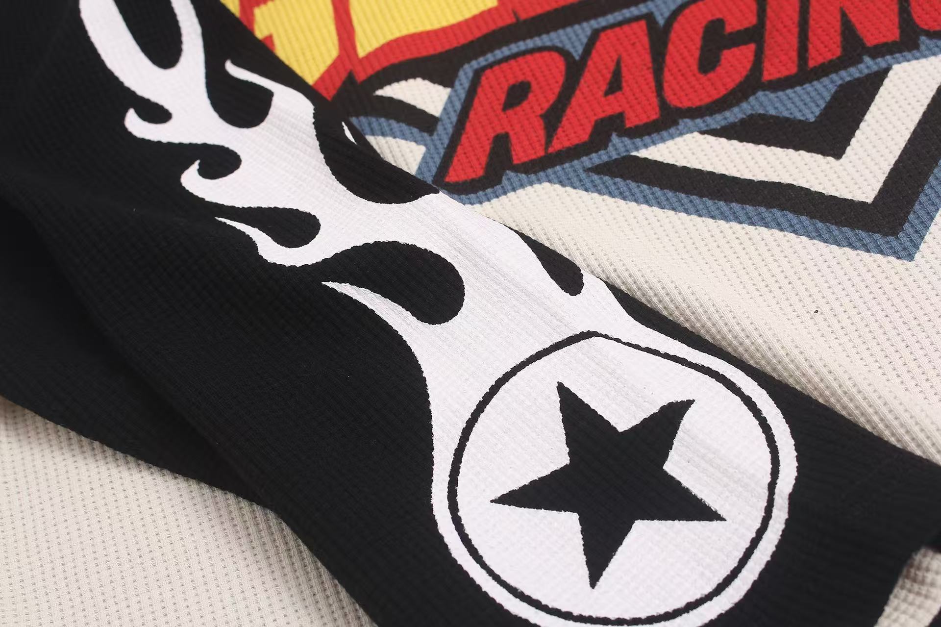 Racing Graphic Contrast Color Waffle Knit Long Sleeve
