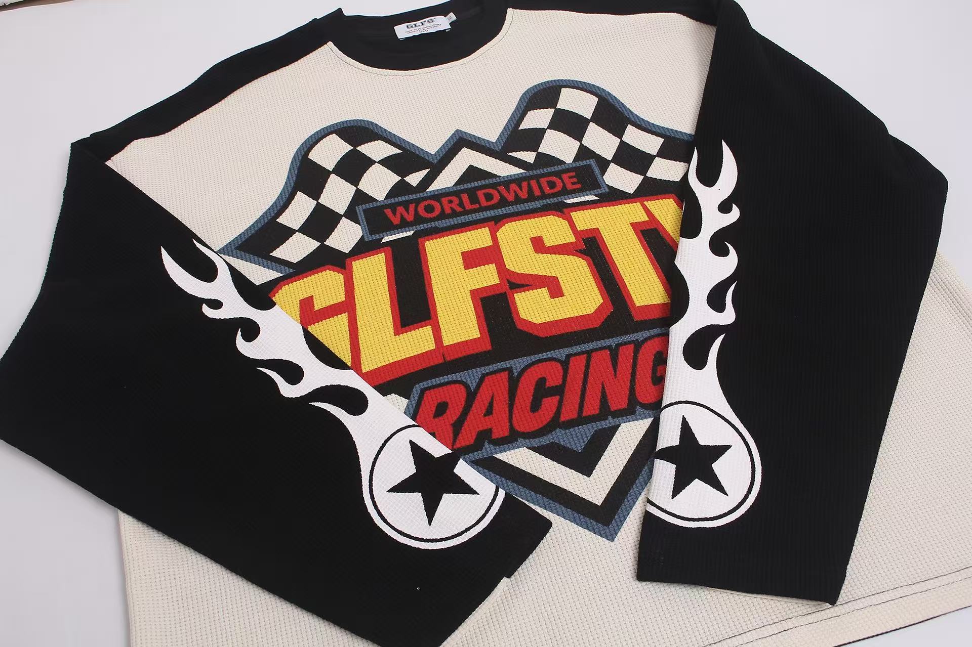 Racing Graphic Contrast Color Waffle Knit Long Sleeve