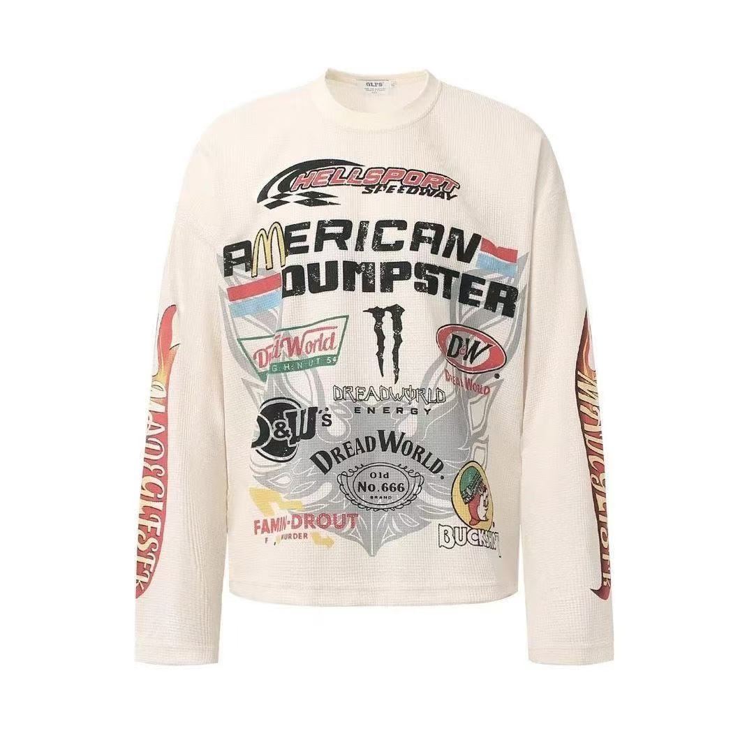 Vintage Racing Collage Print Waffle Knit Long Sleeve