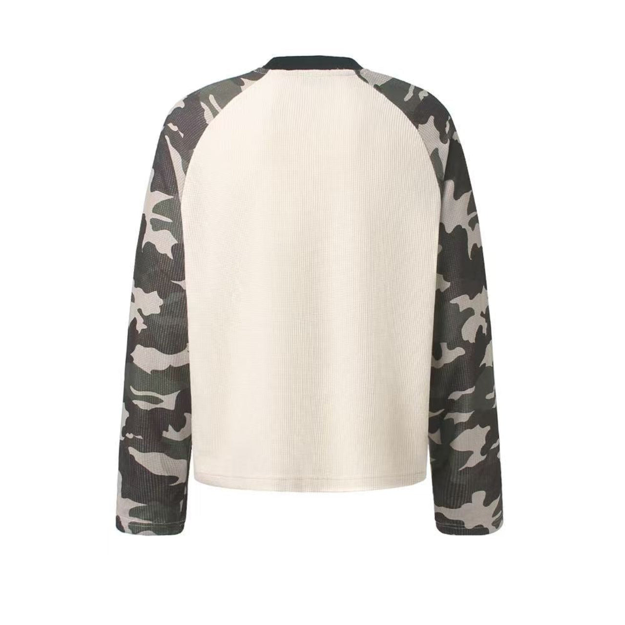 Camo Raglan Sleeve Vintage Script Print Waffle Knit Long Sleeve