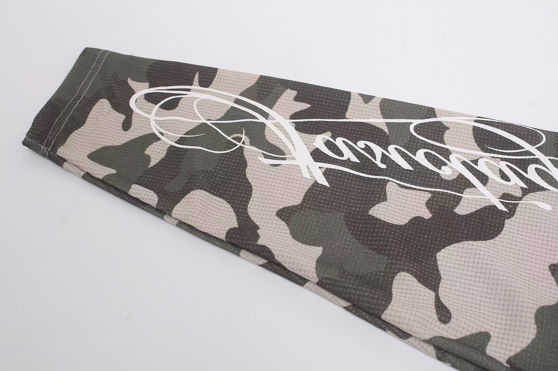 Camo Raglan Sleeve Vintage Script Print Waffle Knit Long Sleeve