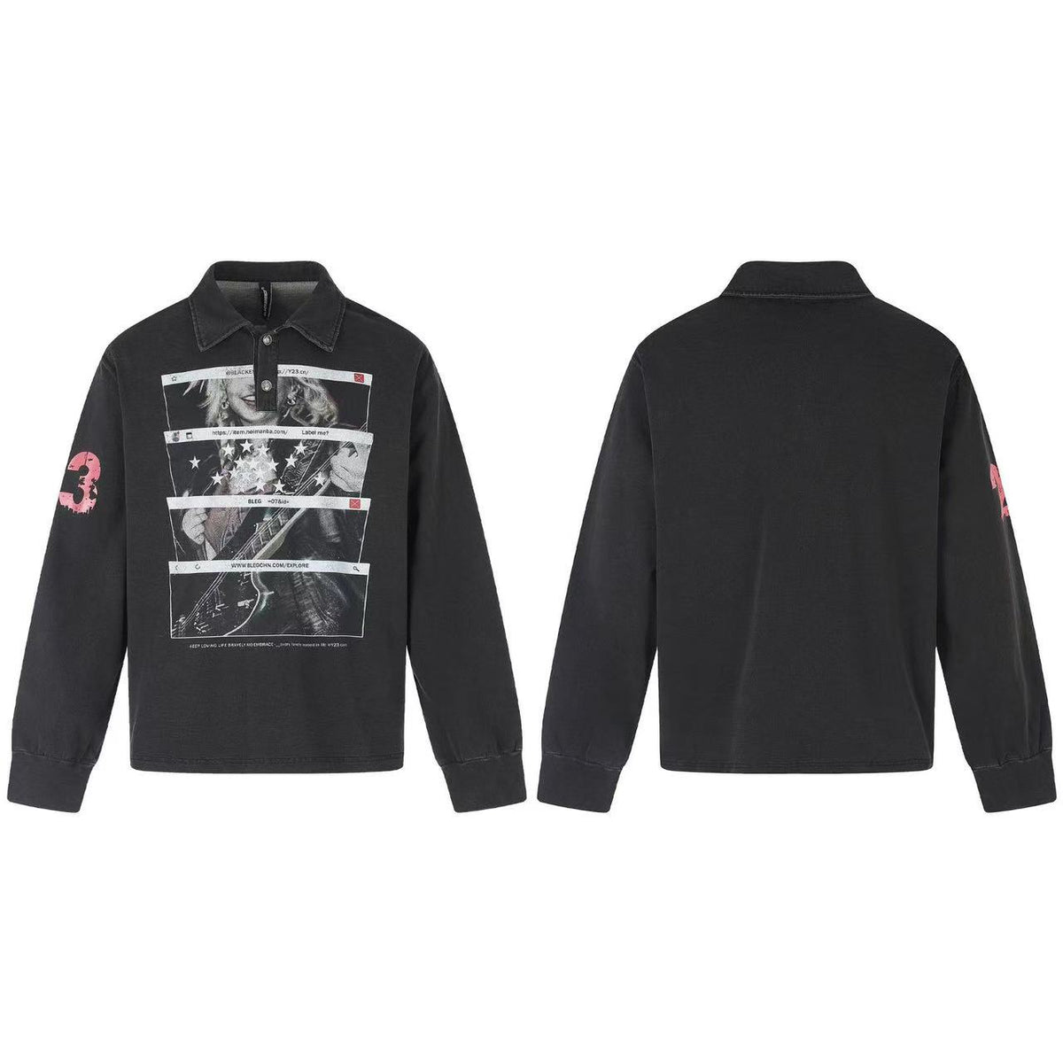 Wash Vintage Rock Graphic Long Sleeve Polo Shirt