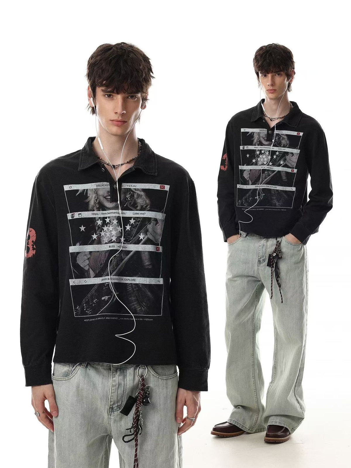 Wash Vintage Rock Graphic Long Sleeve Polo Shirt