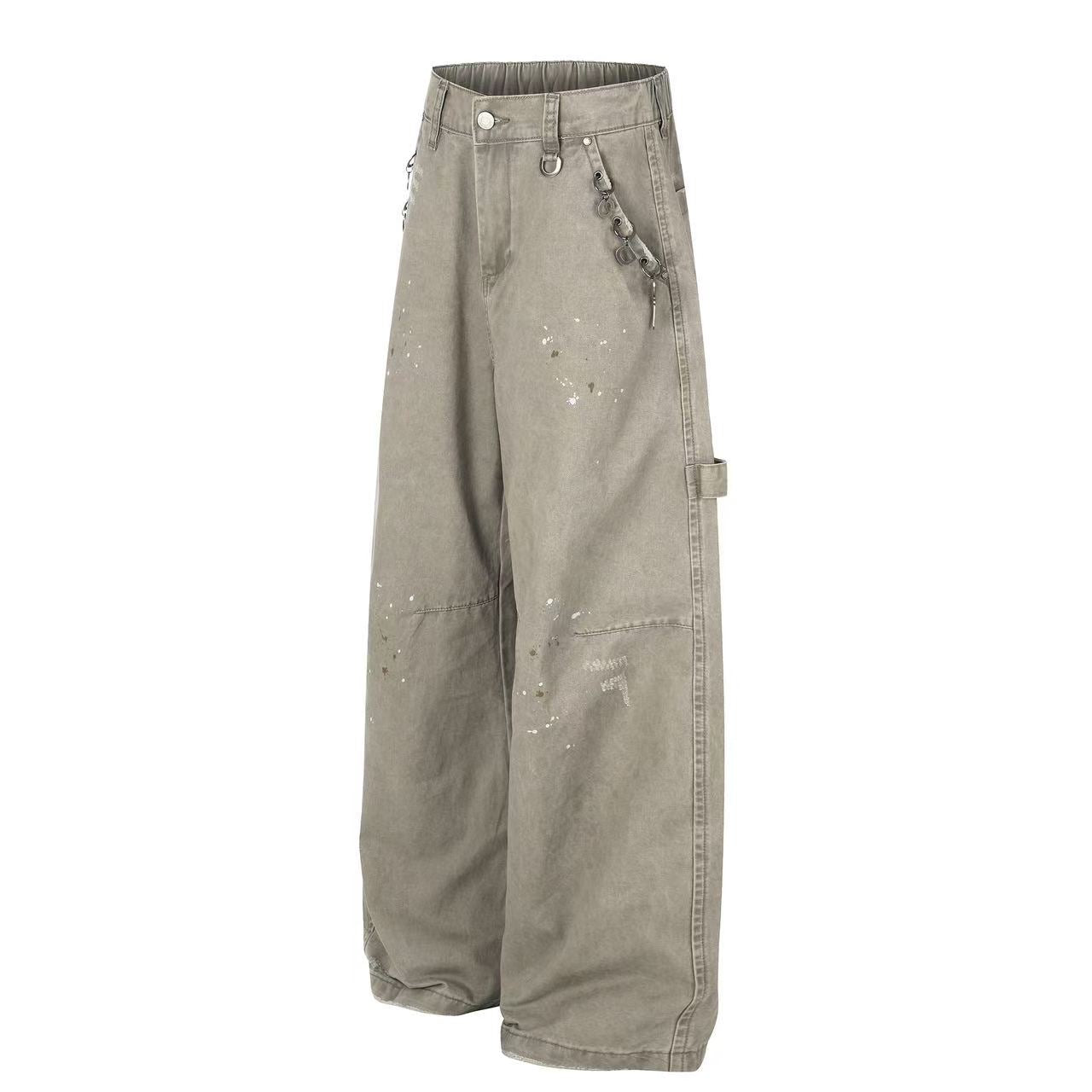 Splash Paint Distressed Chain Decor Wide-Leg Cargo Pants