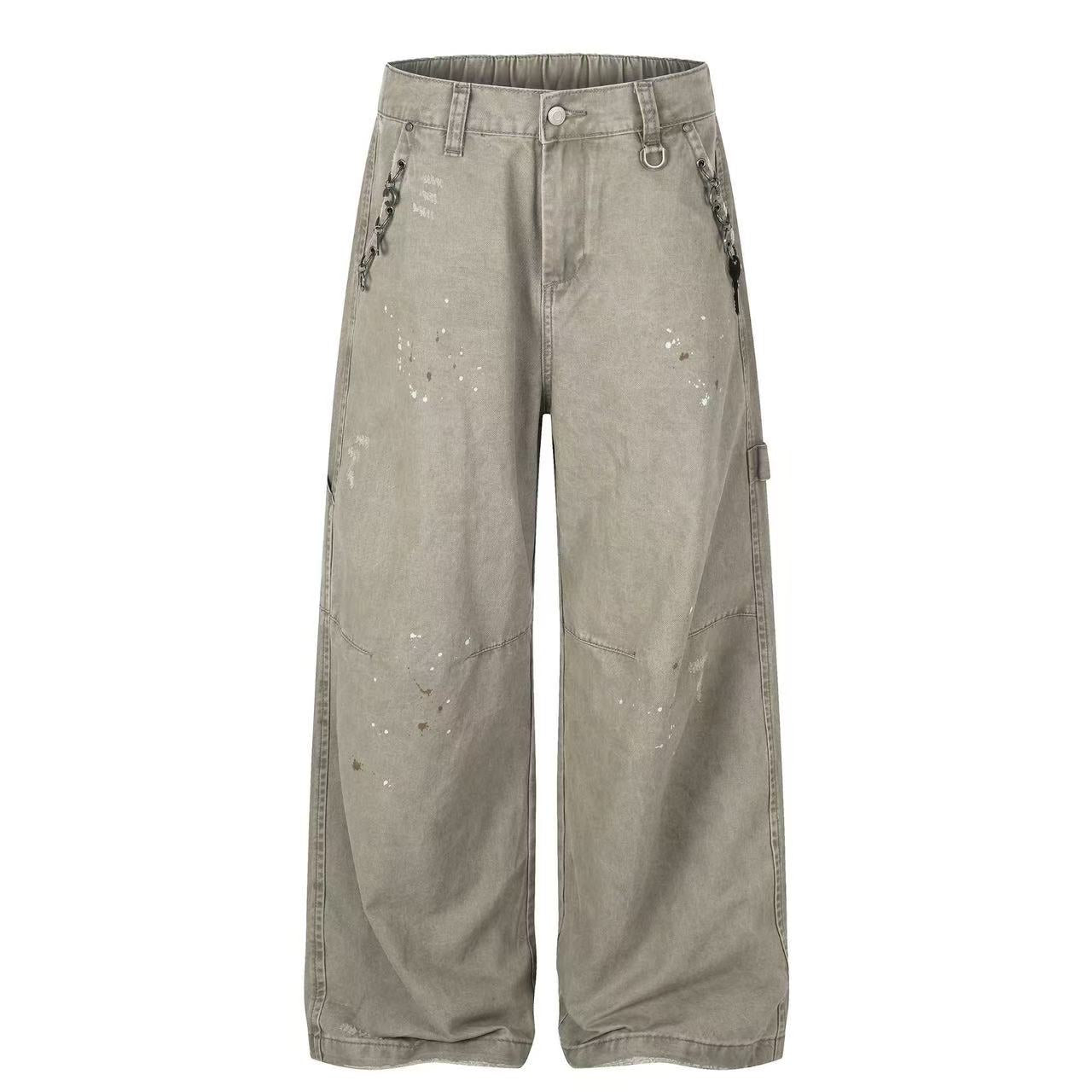 Splash Paint Distressed Chain Decor Wide-Leg Cargo Pants